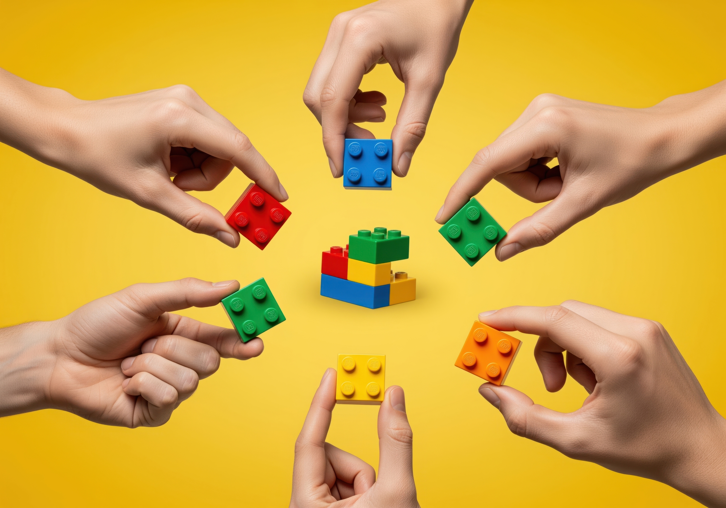 six hands collaborating to build a structure using colorful interlocking plastic toy bricks.