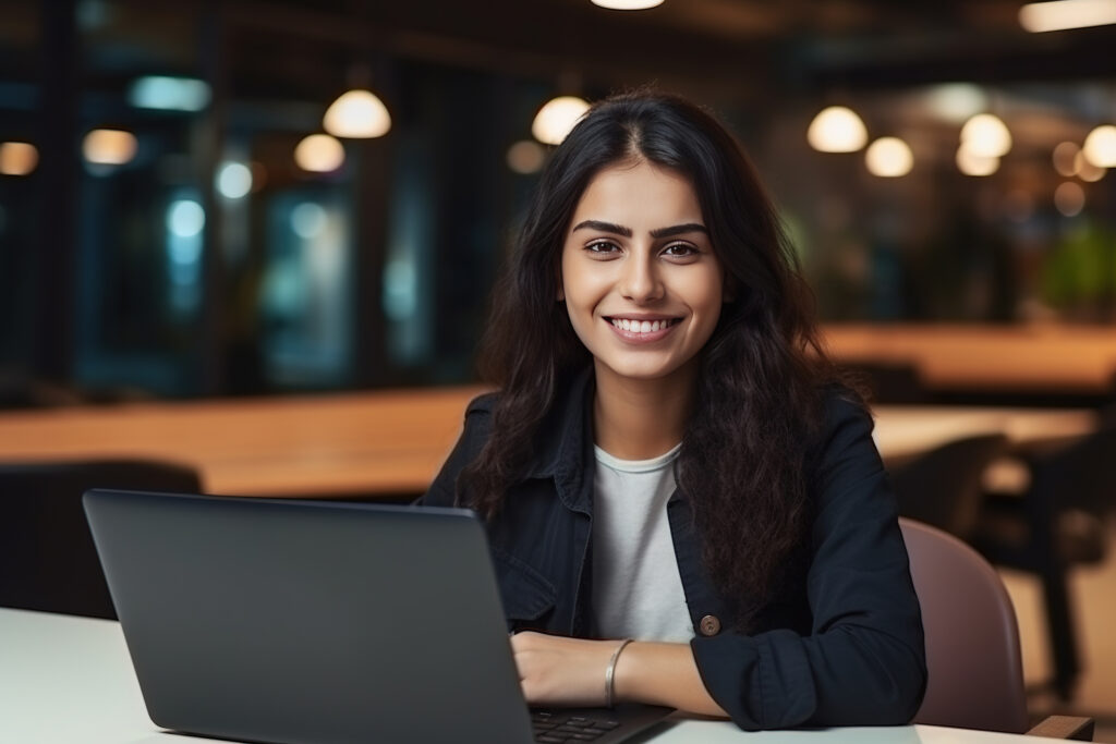 portrait of a happy smiling female, using laptop computer, looking at camera and smiling. empowered information technology specialist, software engineer or developer. generative ai