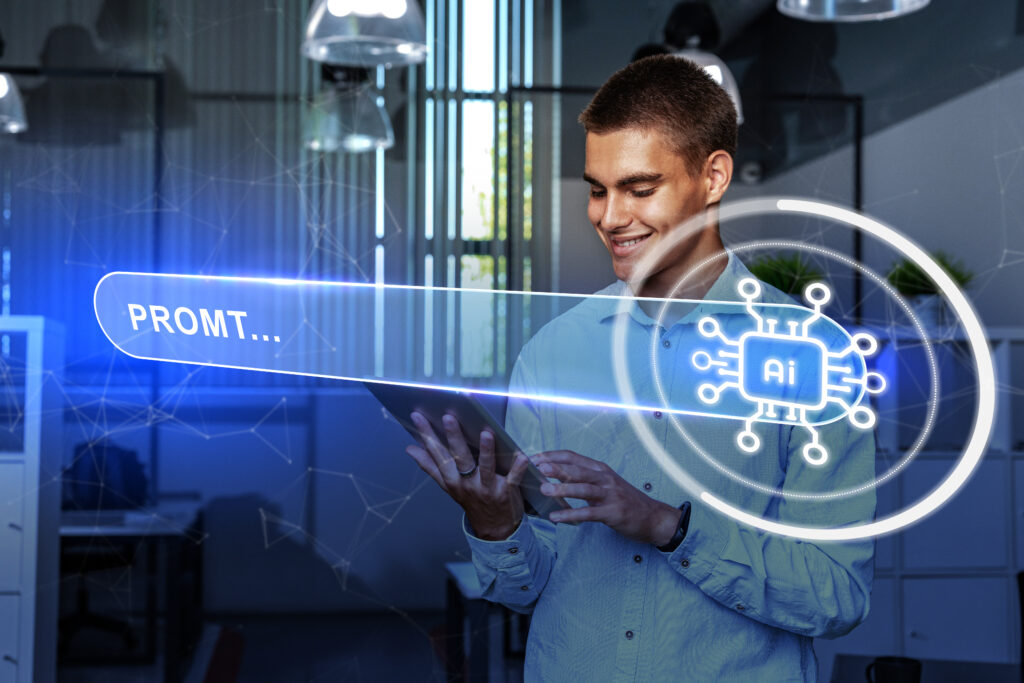 young professional engages with ai technology in modern office setting while exploring digital innovations during work hours