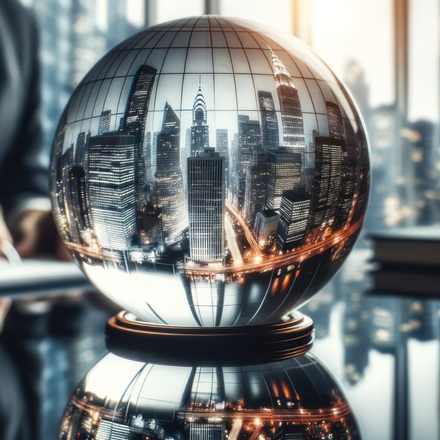 a close up shot of a crystal globe on a business executive's desk, with reflections of tall skyscrapers and the city's hustle and bustle.. generative ai