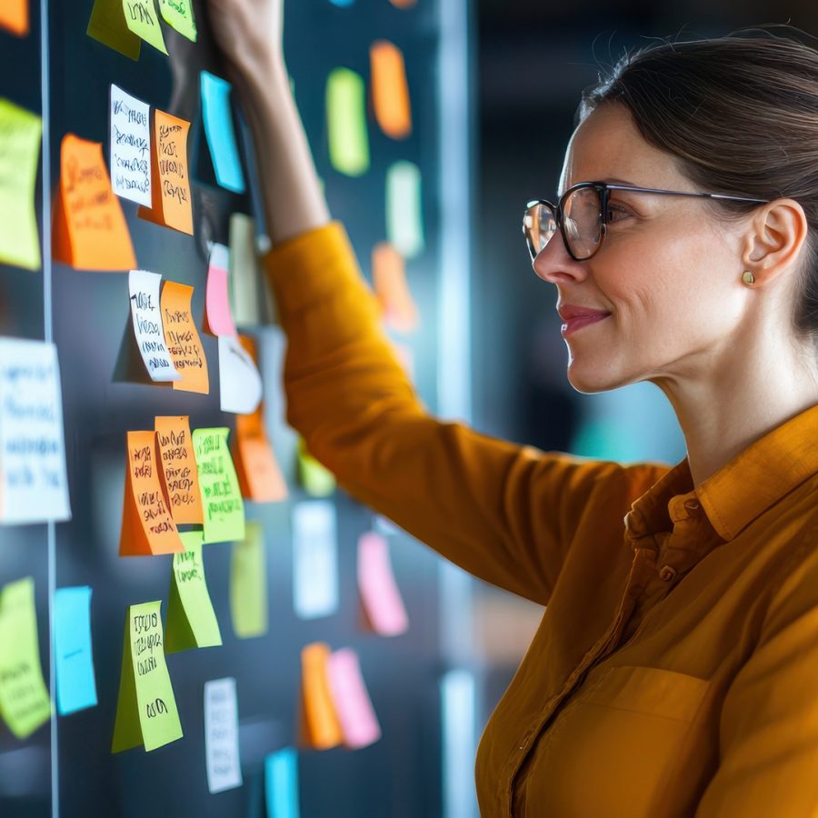creative businesswoman brainstorming strategic plans with colorful notes