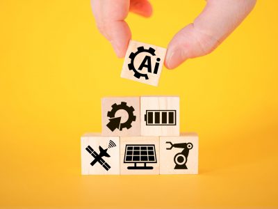 technology concept with icons on wooden cubes, yellow background.