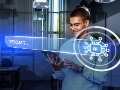 young professional engages with ai technology in modern office setting while exploring digital innovations during work hours